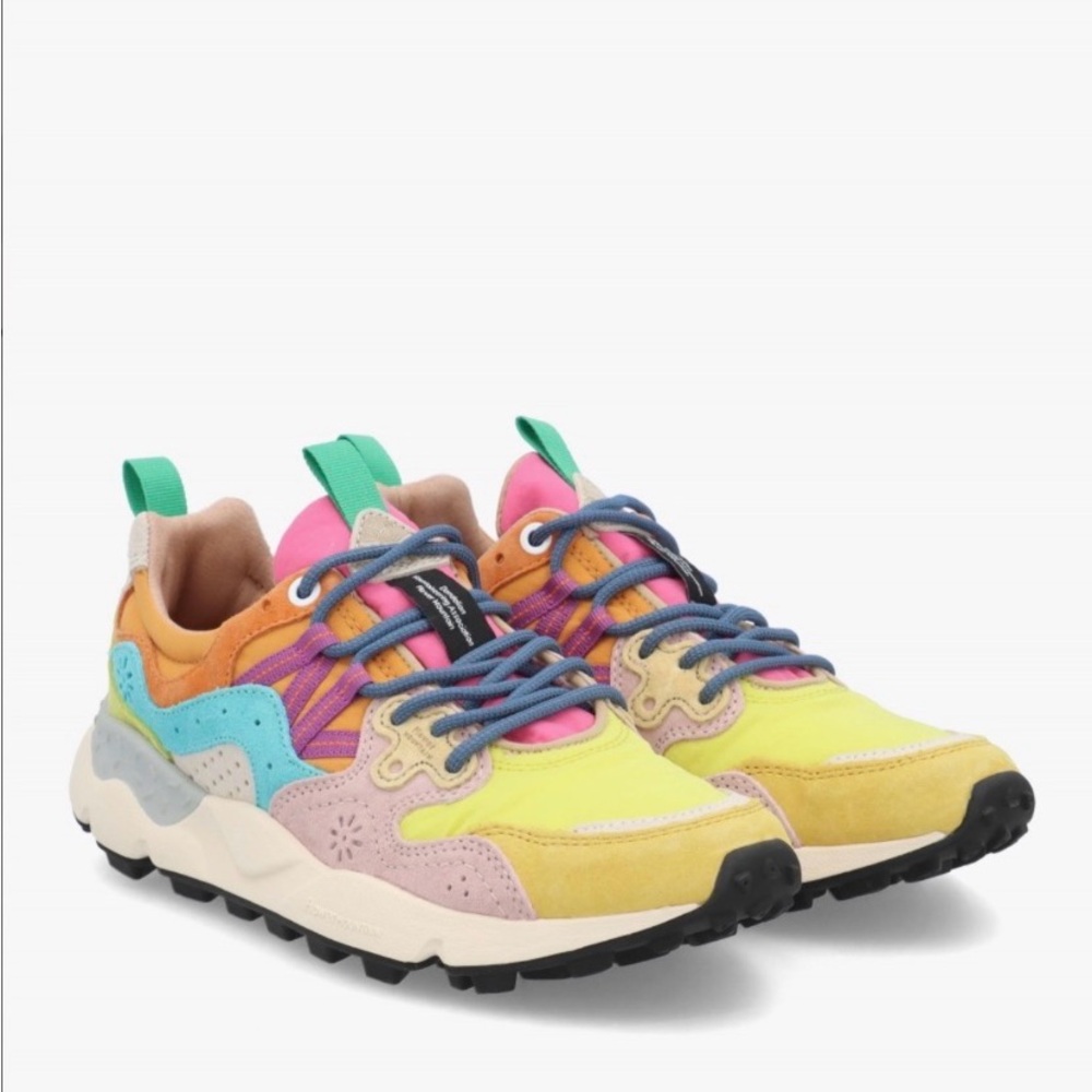 NWT Flower Mountain YAMANO 3 Yellow Light Lime Pink Suede Trainers - Picture 2 of 16